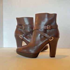 Ralph Lauren Purple Label Brown Leather Ankle Boots with Buckle Straps